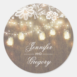 Rustic Mason Jar Lights Lace Wood Wedding Runder Aufkleber
