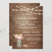 Rustic Mason Jar Lights Pink Peony Bouquet Wedding Einladung (Vorne/Hinten)