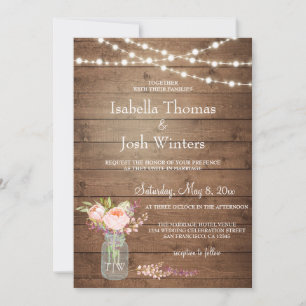Rustic Mason Jar Lights Pink Peony Bouquet Wedding Einladung