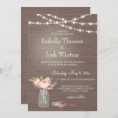 Rustic Mason Jar Lights Pink Peony Bouquet Wedding Einladung (Vorne/Hinten)