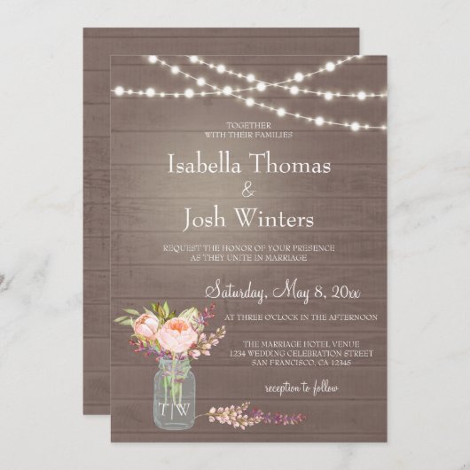 Rustic Mason Jar Lights Pink Peony Bouquet Wedding Einladung (Vorne/Hinten)