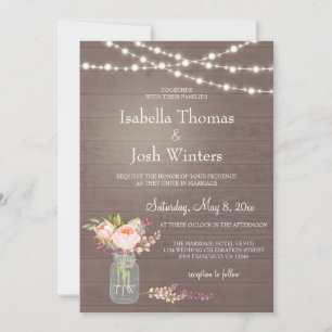 Rustic Mason Jar Lights Pink Peony Bouquet Wedding Einladung