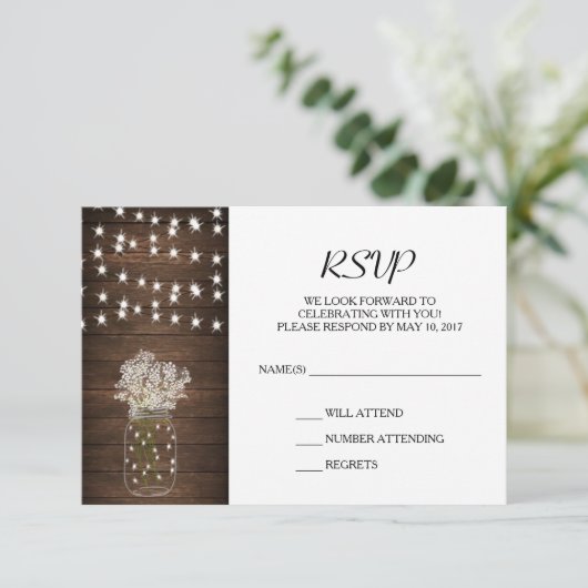 Rustic Mason Jar & Lights Wedding RSVP Card (Stehend Vorderseite)