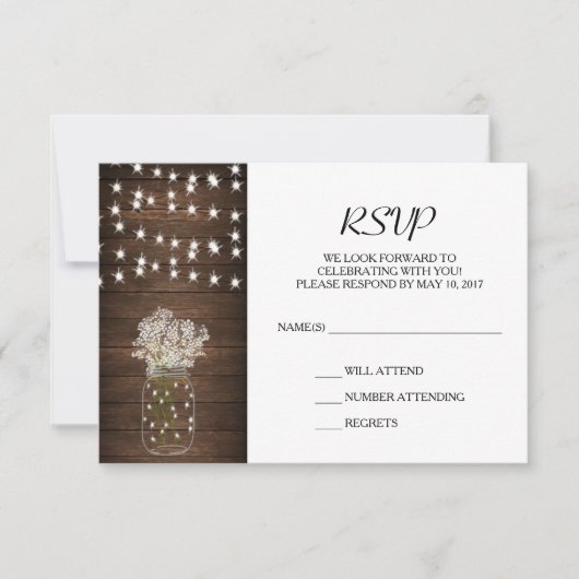 Rustic Mason Jar & Lights Wedding RSVP Card Karte (Vorderseite)