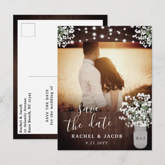 Rustic Mason Jar Lights Wedding Save the Date Postkarte (Vorne/Hinten)