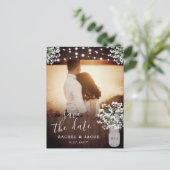Rustic Mason Jar Lights Wedding Save the Date Postkarte (Stehend Vorderseite)