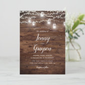 Rustic Mason Jar Lights Wood Wedding Einladung (Stehend Vorderseite)