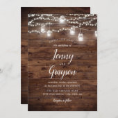 Rustic Mason Jar Lights Wood Wedding Einladung (Vorne/Hinten)
