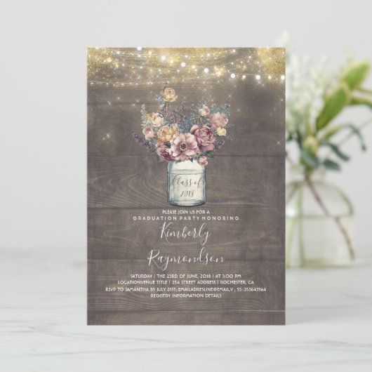 Rustic Mason Jar Mauve and Gold Graduation Party Einladung (Stehend Vorderseite)