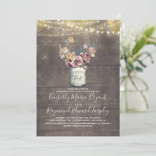 Rustic Mason Jar Mauve und Gold Engagement Party Einladung (Stehend Vorderseite)