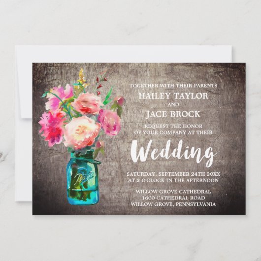 Rustic Mason Jar mit Blume Bouquet Wedding Einladung (Vorderseite)