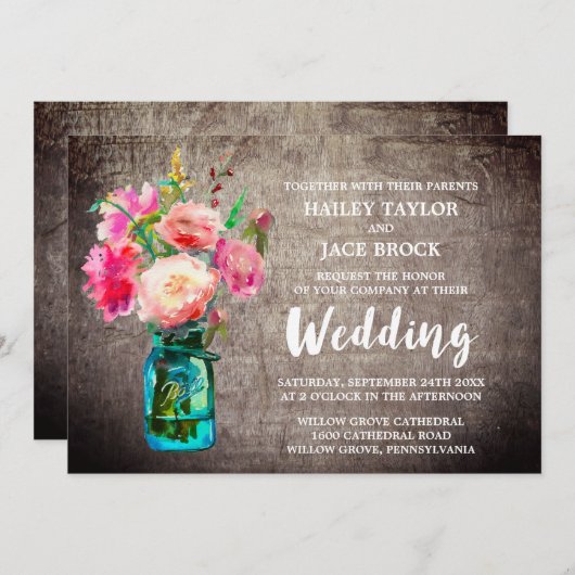 Rustic Mason Jar mit Blume Bouquet Wedding Einladung (Vorne/Hinten)