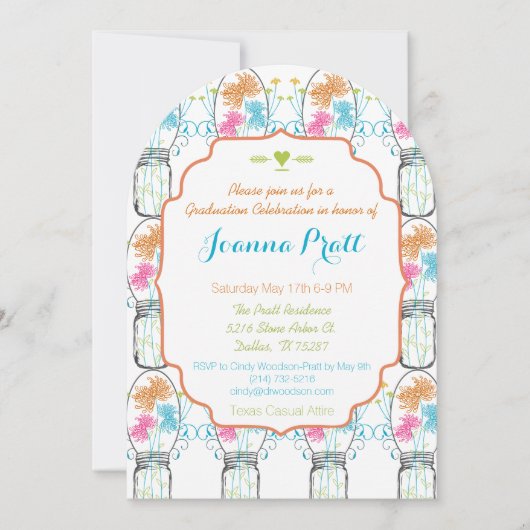 Rustic Mason Jar Pink Coral Aqua Abschluss Einladung (Vorderseite)