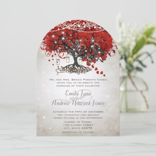 Rustic Mason Jar Red Heart Leaf Tree Wedding Einladung (Stehend Vorderseite)