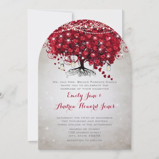 Rustic Mason Jar Red Heart Leaf Tree Wedding Einladung (Vorderseite)