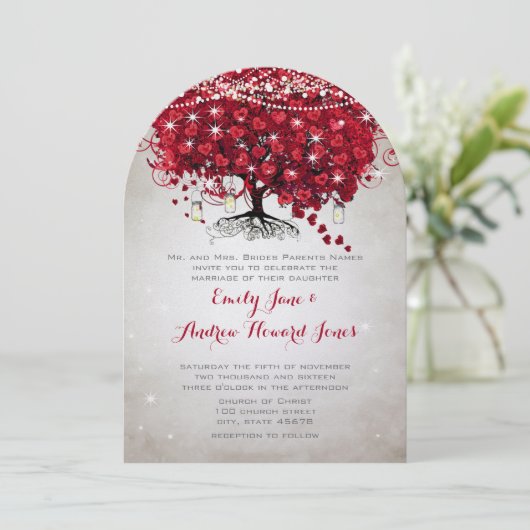 Rustic Mason Jar Red Heart Leaf Tree Wedding Einladung (Stehend Vorderseite)
