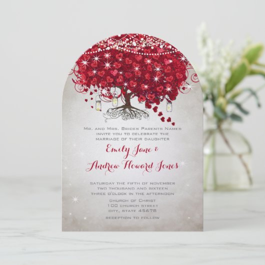 Rustic Mason Jar Red Tree Brown Trunk Wedding Einladung (Stehend Vorderseite)