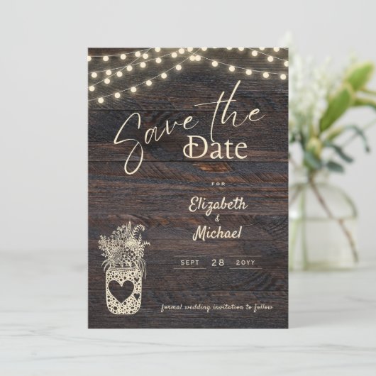 Rustic Mason Jar Save the Date digital und gedruck Einladung (Stehend Vorderseite)