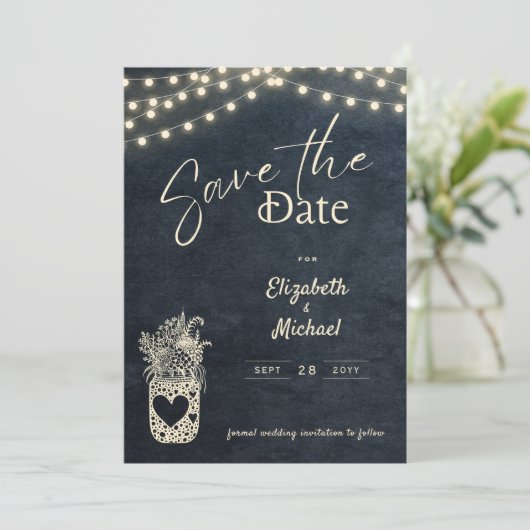 Rustic Mason Jar Save the Date digital und gedruck Einladung (Stehend Vorderseite)