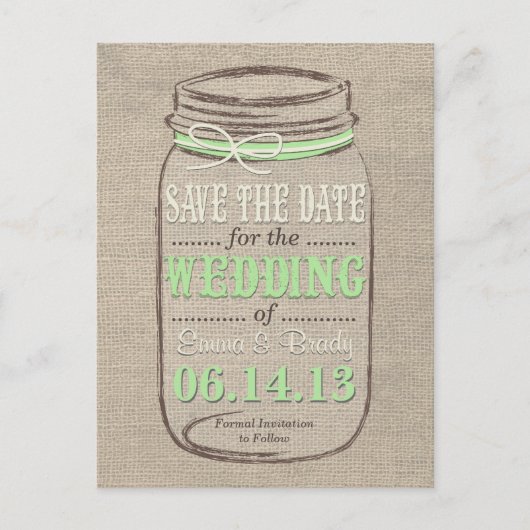 Rustic Mason Jar Save the Date Light Green Ankündigungspostkarte (Vorderseite)