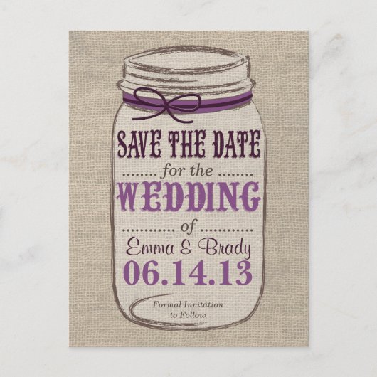 Rustic Mason Jar Save the Date Purples Ankündigungspostkarte (Vorderseite)