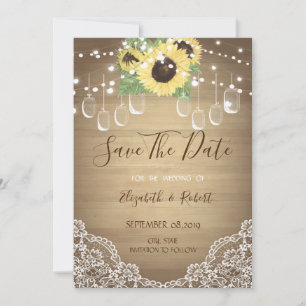 Rustic Mason Jar, Sonnenblume, Spitze Save the Dat Date
