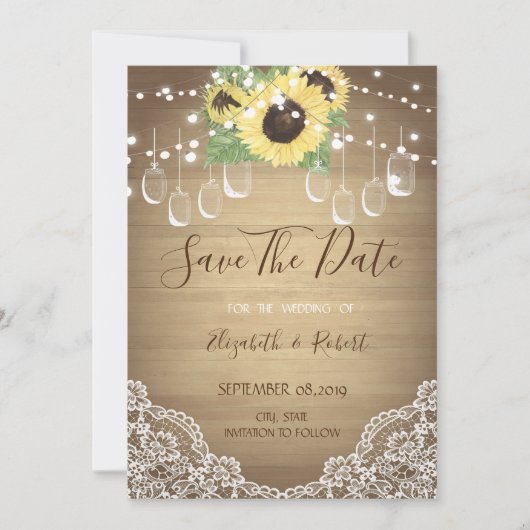Rustic Mason Jar, Sonnenblume, Spitze Save the Dat Save The Date (Vorderseite)