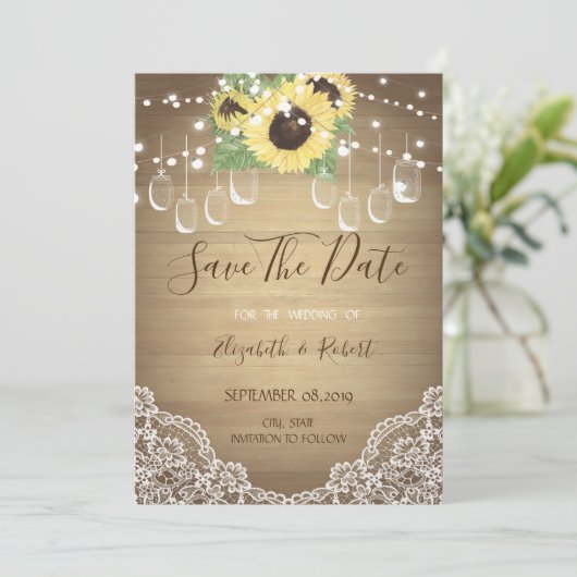 Rustic Mason Jar, Sonnenblume, Spitze Save the Dat Save The Date (Stehend Vorderseite)