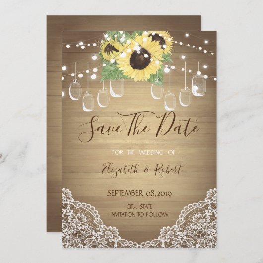 Rustic Mason Jar, Sonnenblume, Spitze Save the Dat Save The Date (Vorne/Hinten)