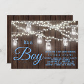 Rustic Mason Jar String Light Baby Boy Dusche Einladung (Vorne/Hinten)