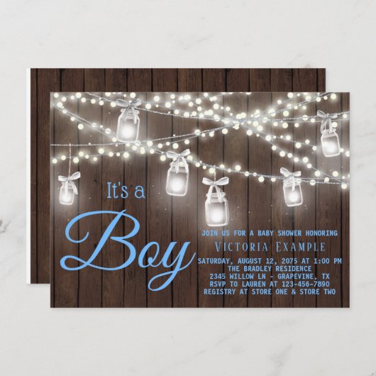 Rustic Mason Jar String Light Baby Boy Dusche Einladung (Vorne/Hinten)
