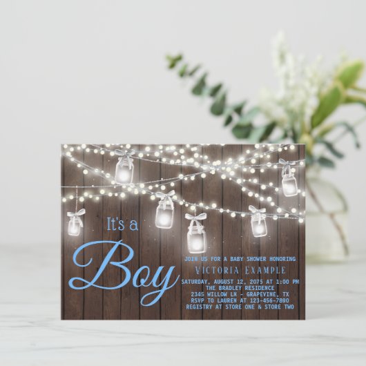 Rustic Mason Jar String Light Baby Boy Dusche Einladung (Stehend Vorderseite)