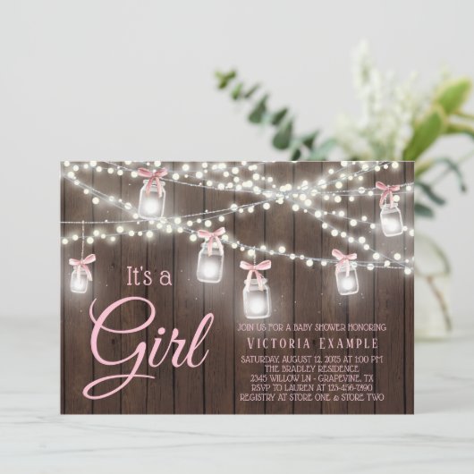 Rustic Mason Jar String Light Baby Dusche Einladung (Stehend Vorderseite)