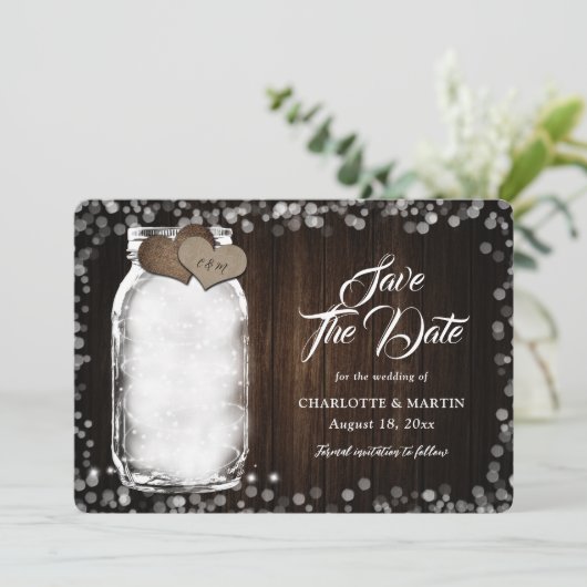 Rustic Mason Jar String Lights Barn Wood Wedding Save The Date (Stehend Vorderseite)