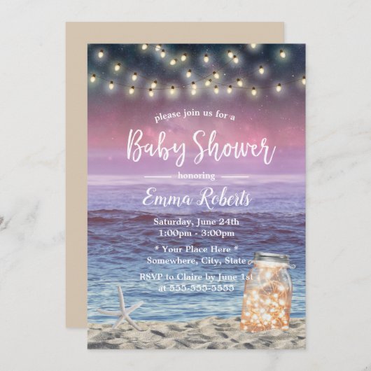 Rustic Mason Jar String Lights Beach Baby Dusche Einladung (Vorne/Hinten)