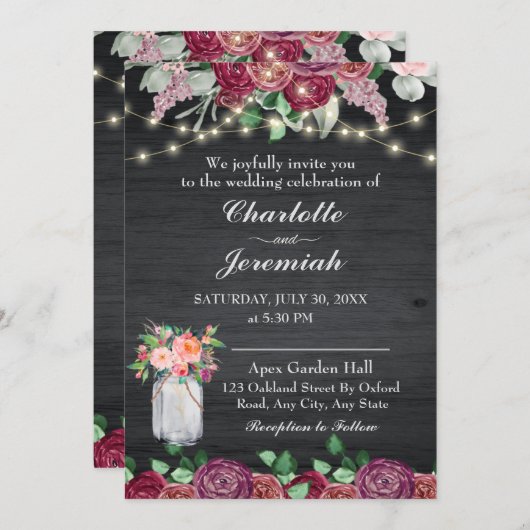 Rustic Mason Jar String Lights Burgundy Wedding Einladung (Vorne/Hinten)