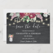 Rustic Mason Jar String Lights Burgundy Wedding Save The Date (Vorderseite)