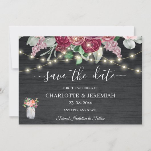 Rustic Mason Jar String Lights Burgundy Wedding Save The Date (Vorderseite)