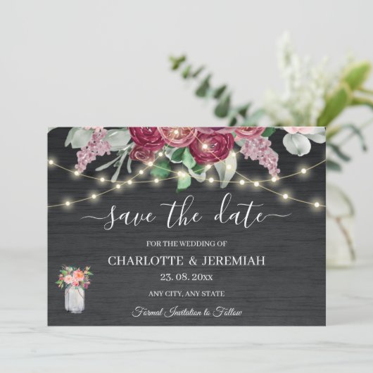 Rustic Mason Jar String Lights Burgundy Wedding Save The Date (Stehend Vorderseite)