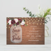 Rustic Mason Jar String Lights Floral Burgundy Save The Date (Stehend Vorderseite)