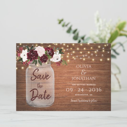 Rustic Mason Jar String Lights Floral Burgundy Save The Date (Stehend Vorderseite)