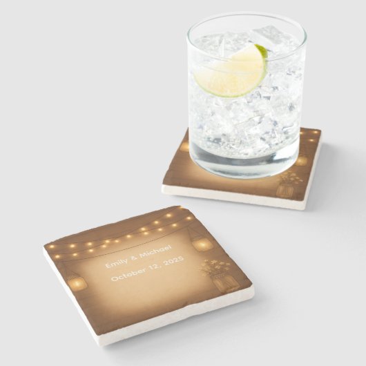 Rustic Mason Jar & String Lights Hochzeit Steinuntersetzer (Seitenansicht)