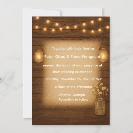 Rustic Mason Jar String Lights Hochzeitseinladung Einladung (Vorderseite)