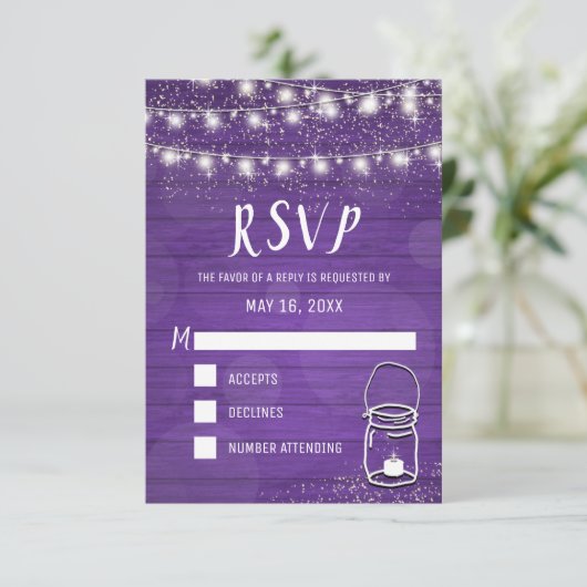 Rustic Mason Jar String Lights Violet Wedding RSVP (Stehend Vorderseite)