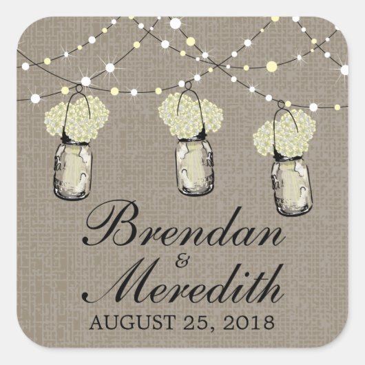 Rustic Mason Jar String of Lights Quadratischer Aufkleber (Vorderseite)