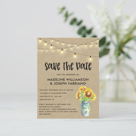 Rustic Mason Jar Sunflower Save the Date Postkarte (Stehend Vorderseite)