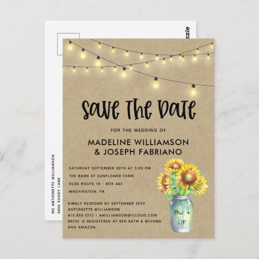 Rustic Mason Jar Sunflower Save the Date Postkarte (Vorne/Hinten)