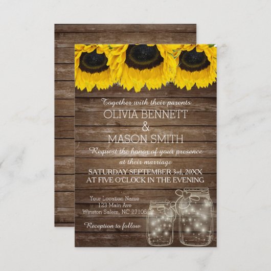Rustic Mason Jar Sunflower Wedding Card Einladung (Vorne/Hinten)
