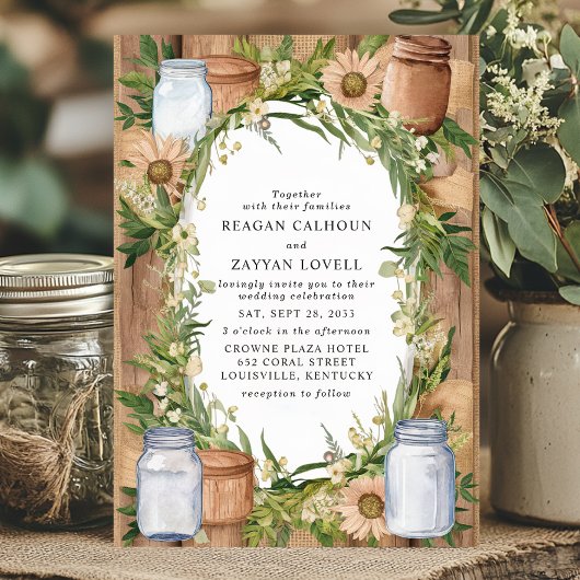 Rustic Mason Jar und Burlap Floral Country Wedding Einladung