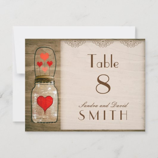 Rustic Mason Jar und Hearts Wedding Tischnummern (Vorderseite)